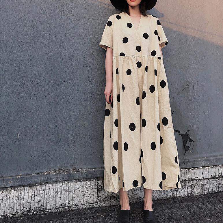 Natural V Neck Wrinkled Spring Tunics Work Outfits Dotted Long Dresses - Omychic