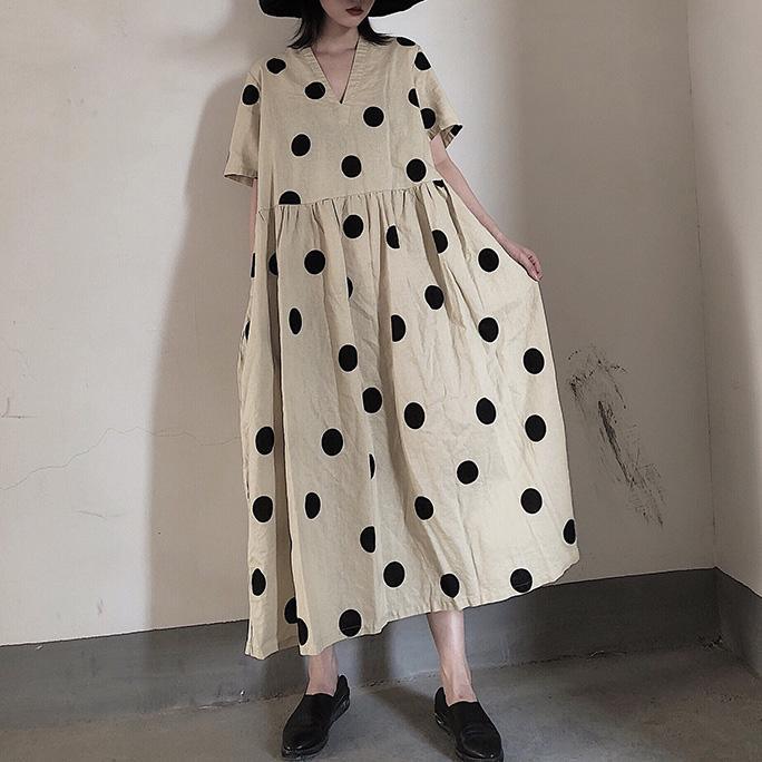 Natural V Neck Wrinkled Spring Tunics Work Outfits Dotted Long Dresses - Omychic