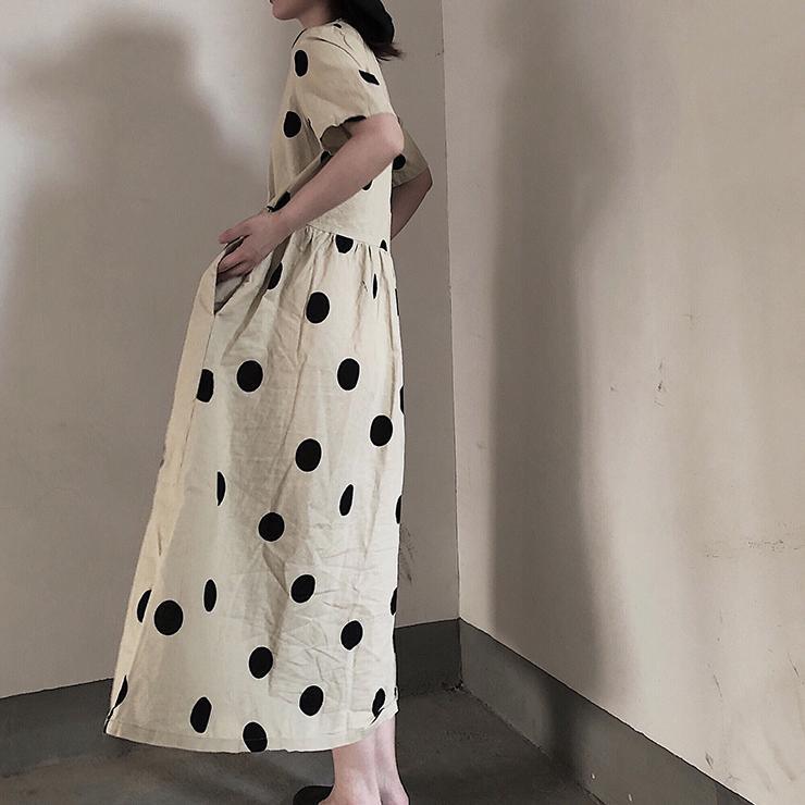 Natural V Neck Wrinkled Spring Tunics Work Outfits Dotted Long Dresses - Omychic