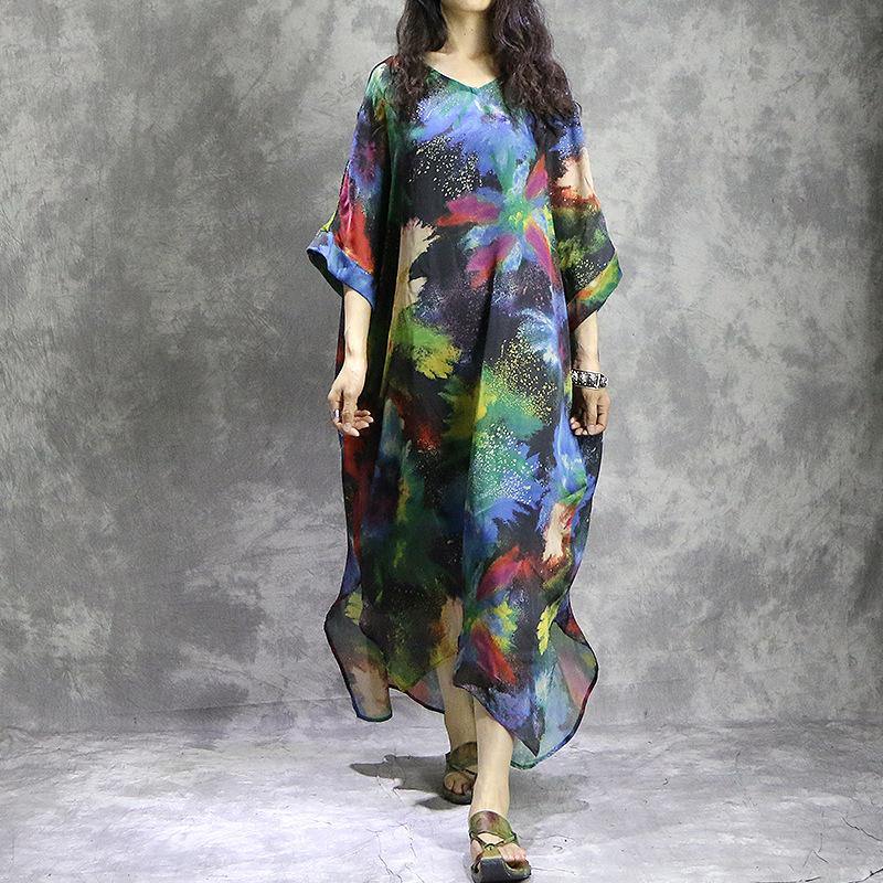 Natural v neck silk quilting clothes Plus Size Work Outfits prints Maxi Dress summer - Omychic