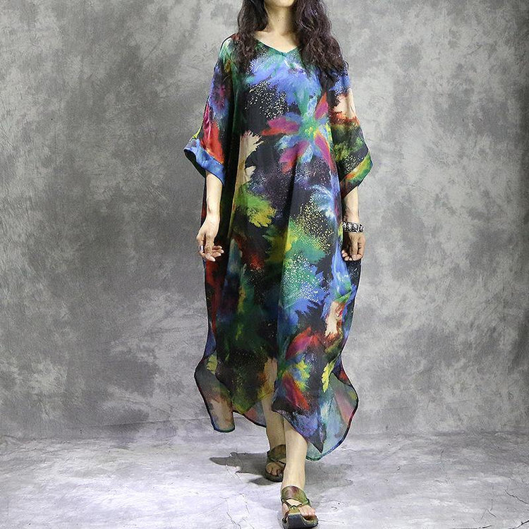 Natural v neck silk quilting clothes Plus Size Work Outfits prints Maxi Dress summer - Omychic