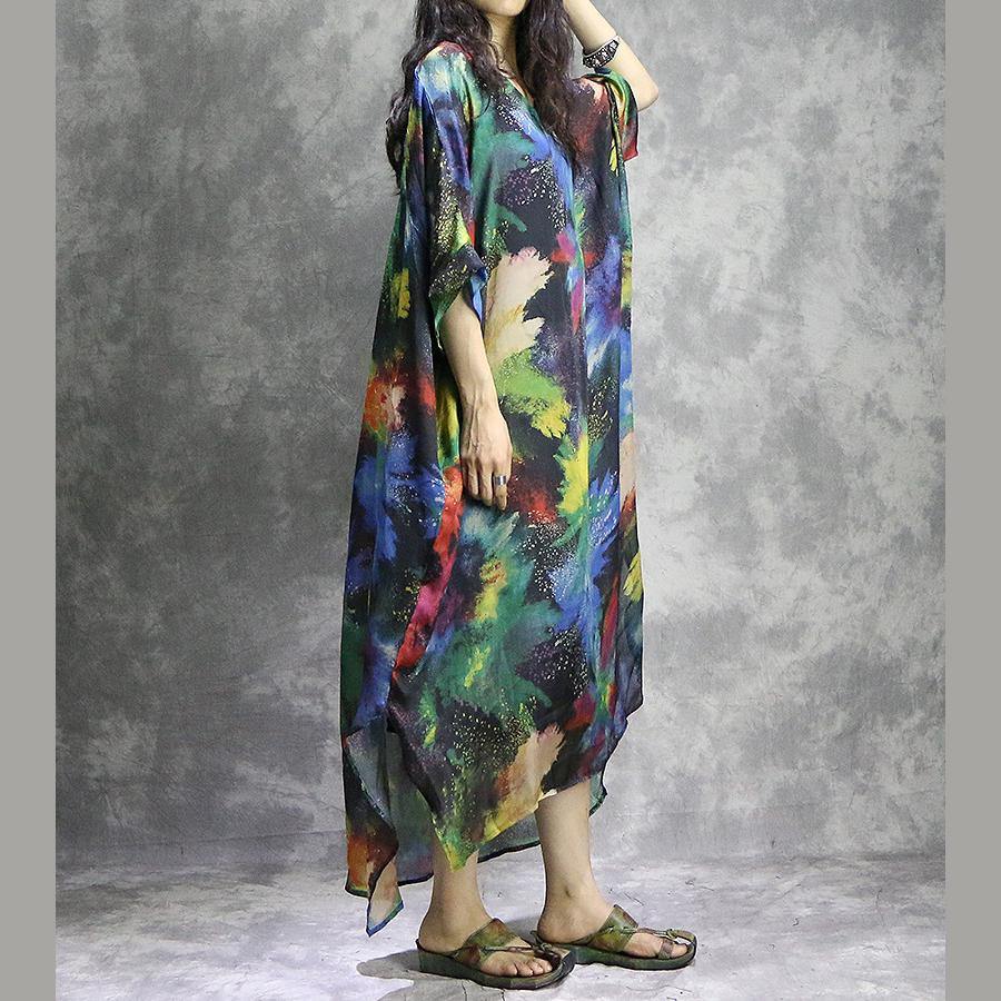 Natural v neck silk quilting clothes Plus Size Work Outfits prints Maxi Dress summer - Omychic
