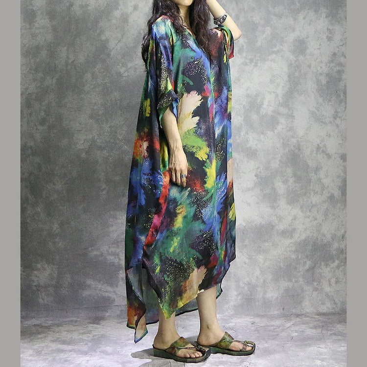 Natural v neck silk quilting clothes Plus Size Work Outfits prints Maxi Dress summer - Omychic