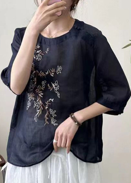 New Black O-Neck Embroideried Patchwork Cotton T Shirt Half Sleeve