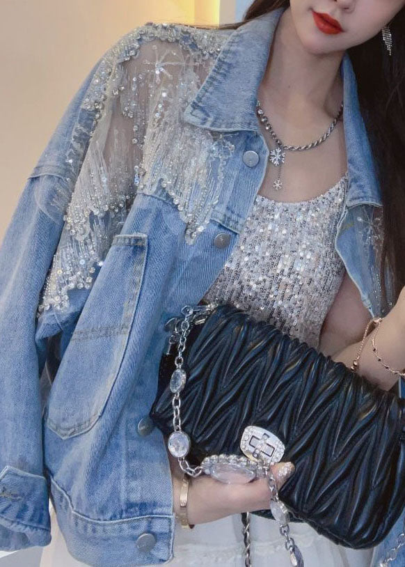 New Blue Embroidered Zircon Patchwork Denim Coats Summer