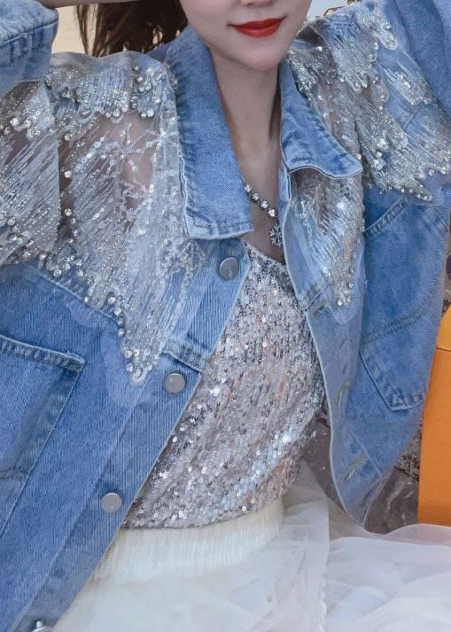 New Blue Embroidered Zircon Patchwork Denim Coats Summer