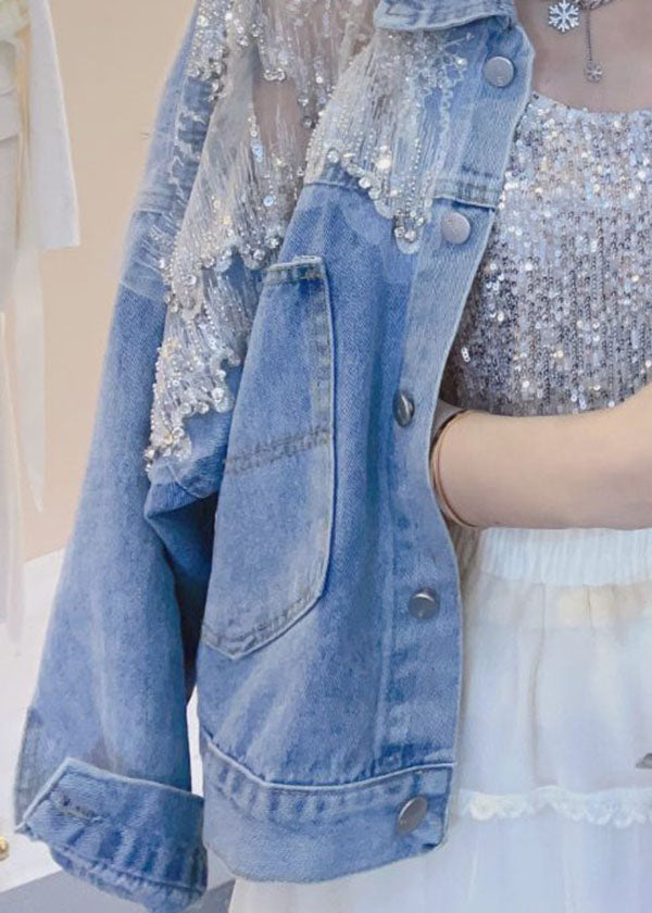 New Blue Embroidered Zircon Patchwork Denim Coats Summer
