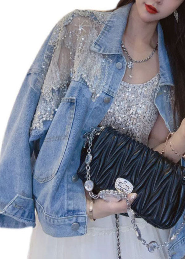 New Blue Embroidered Zircon Patchwork Denim Coats Summer