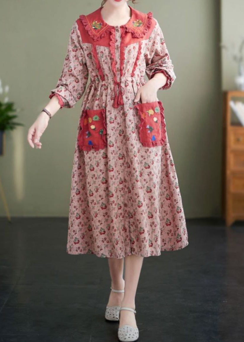 New Pink Ruffled Print LaceUp Cotton Dress Spring