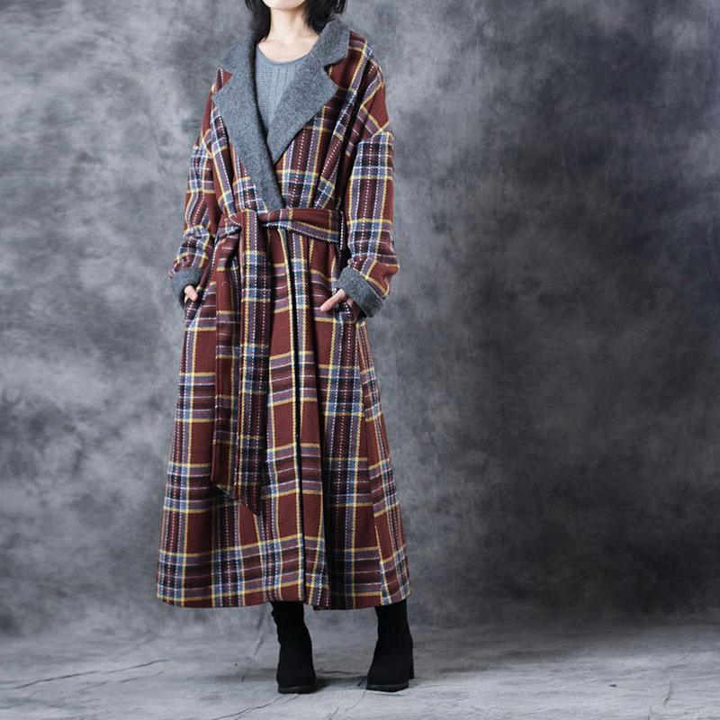 New chocolate Plaid Coats Loose fitting Notched Winter coat Fashion tie waist double breasted trench coat - Omychic