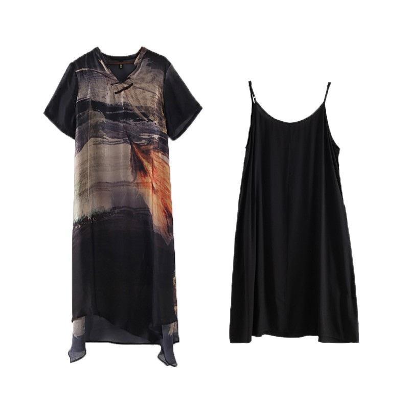 New Women's Retro Disc Button Loose Large Size Irregular Silk Printed Dress - Omychic