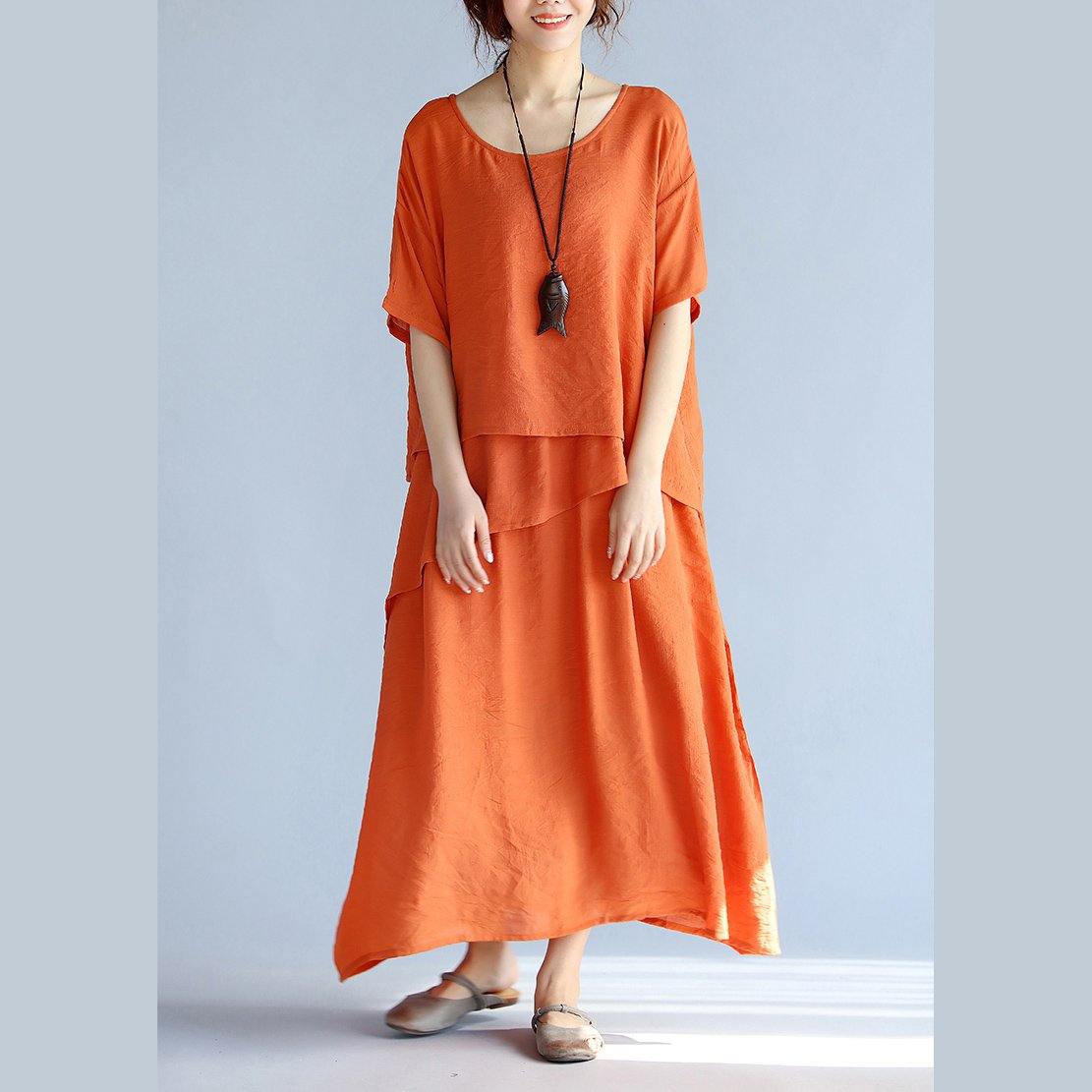 New orange long linen dresses plus size clothing layered cotton dresses New short sleeve linen cotton dress - Omychic