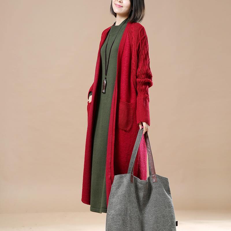 New red woolen sweater cardigans  maxi coat oversize coats vintage long coats - Omychic