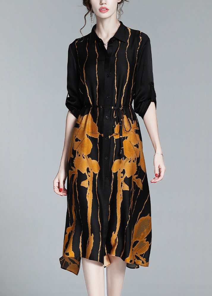 Novelty Black Peter Pan Collar Print Button Silk Long Shirt Dress Half Sleeve