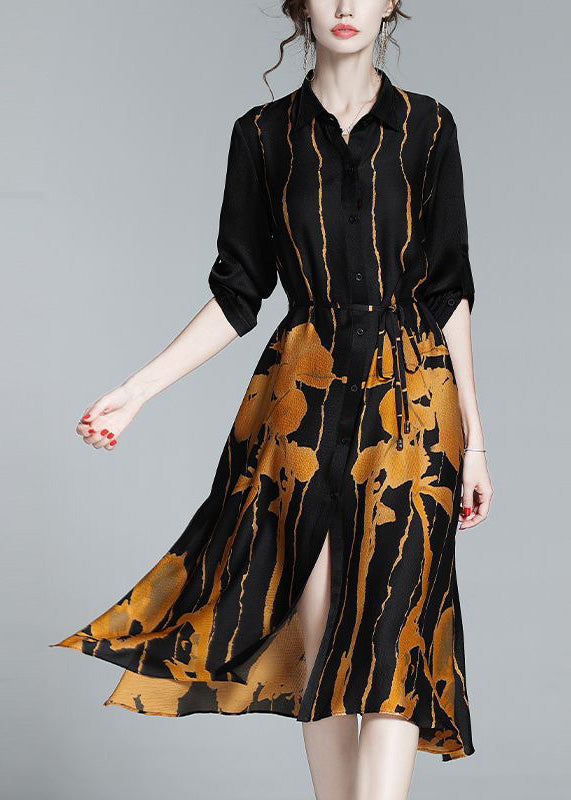 Novelty Black Peter Pan Collar Print Button Silk Long Shirt Dress Half Sleeve