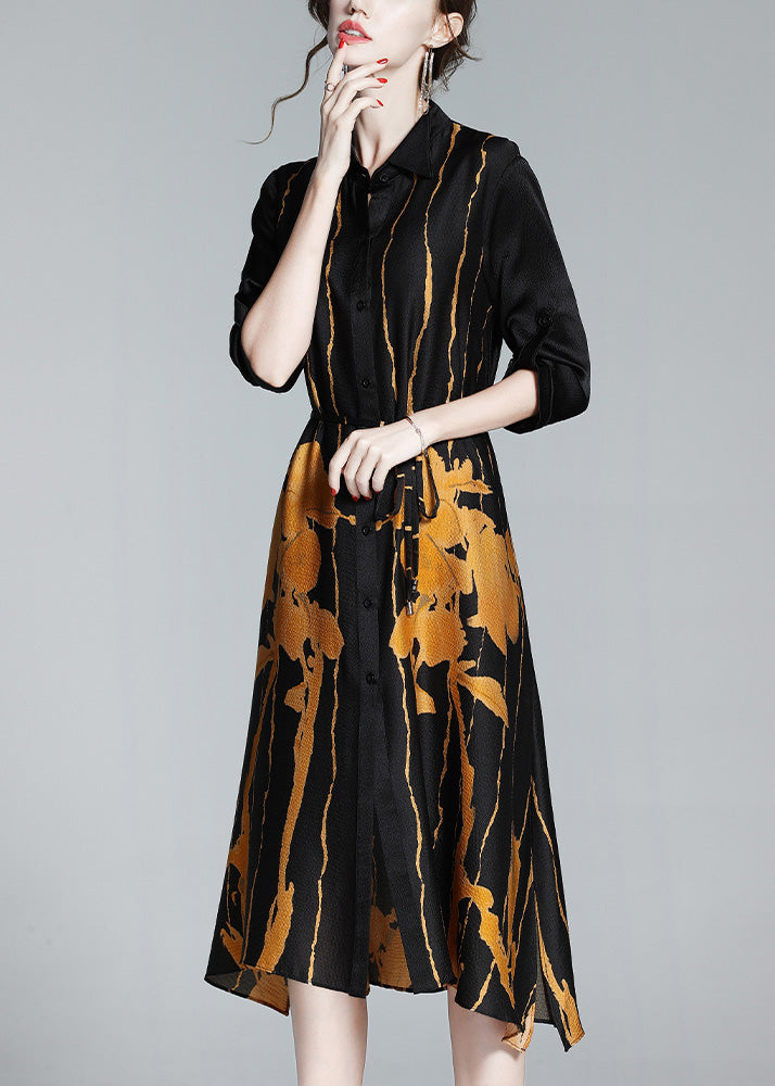 Novelty Black Peter Pan Collar Print Button Silk Long Shirt Dress Half Sleeve