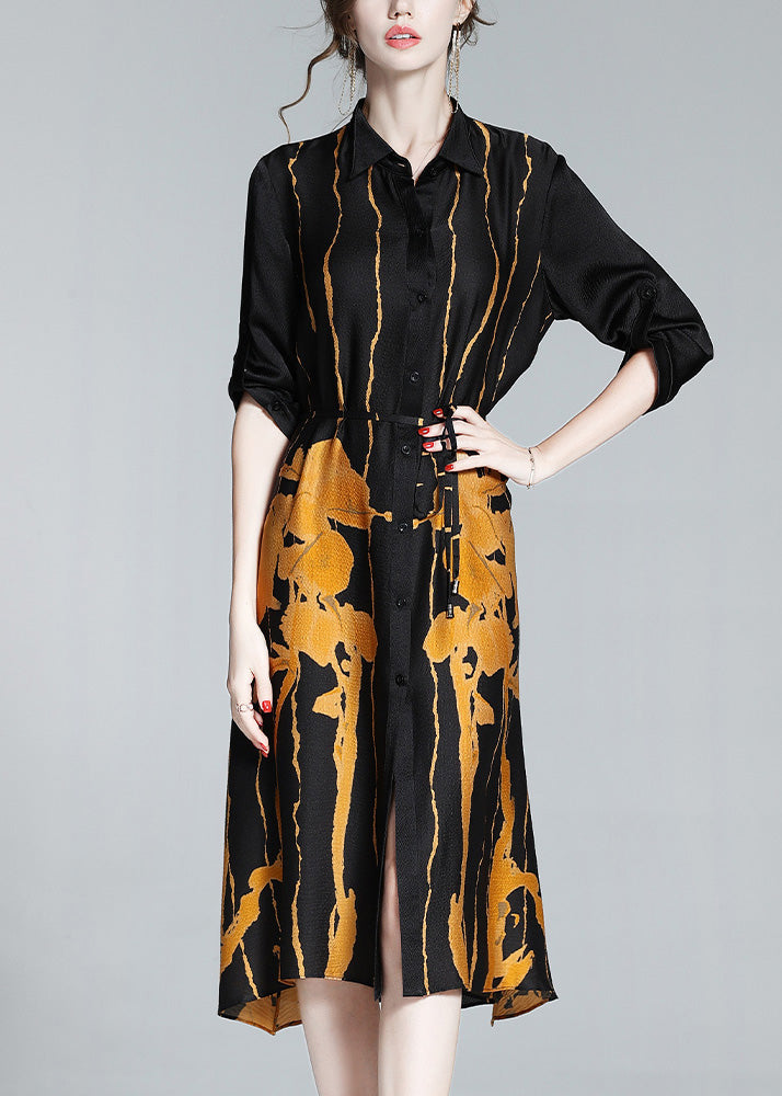 Novelty Black Peter Pan Collar Print Button Silk Long Shirt Dress Half Sleeve