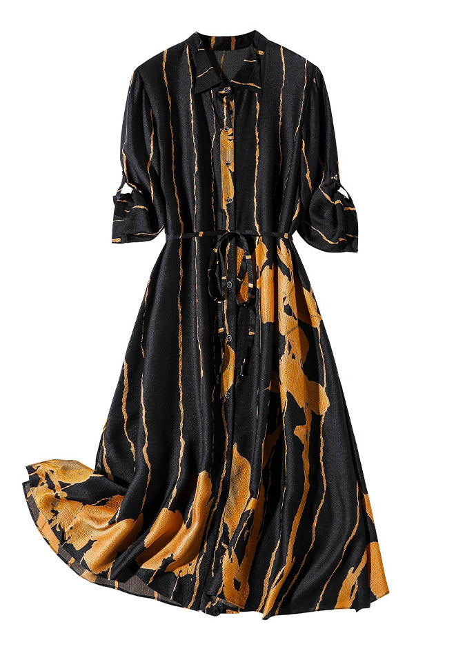 Novelty Black Peter Pan Collar Print Button Silk Long Shirt Dress Half Sleeve