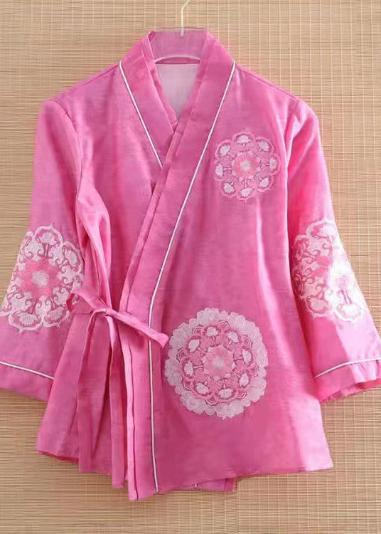 Novelty Green V Neck Embroideried Floral Tie Waist Silk Coats Spring