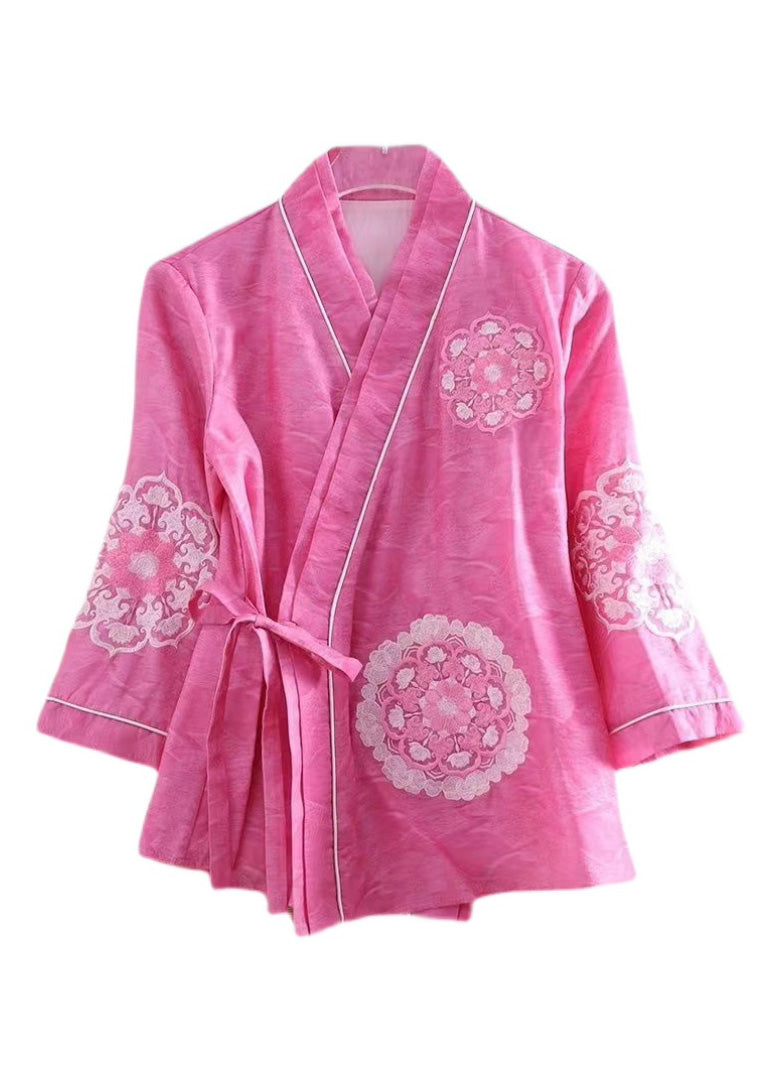Novelty Green V Neck Embroideried Floral Tie Waist Silk Coats Spring