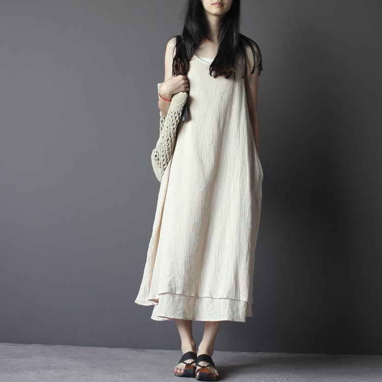 Nude long linen summer dress linen maxi sundress sleeveless - Omychic