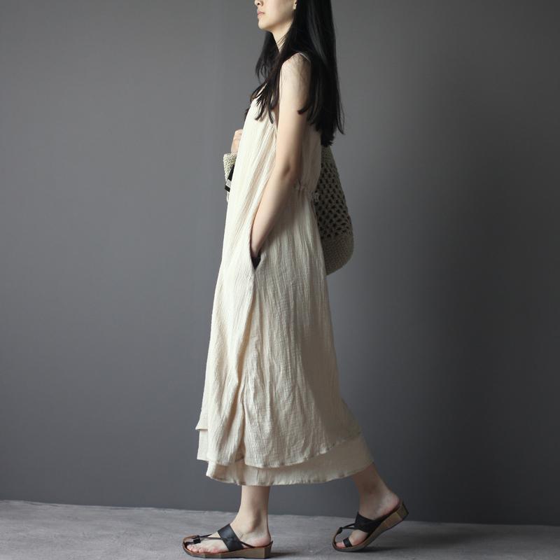 Nude long linen summer dress linen maxi sundress sleeveless - Omychic