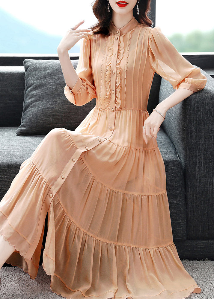 Orange Wrinkled Button Solid Silk Long Dress Lantern Sleeve