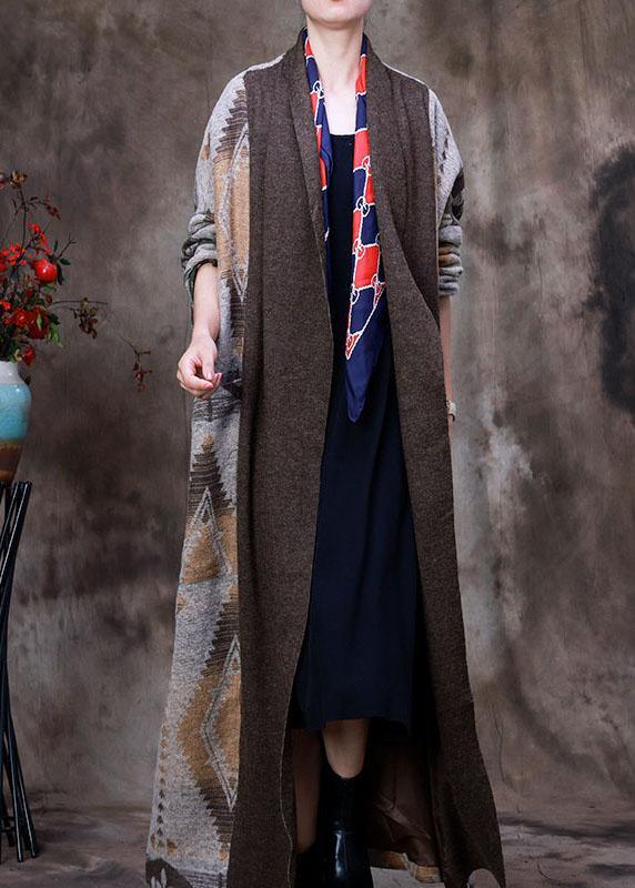 Organic Coffee V Neck Print asymmetrical design Patchwork Fall Woolen Coat Long sleeve - Omychic