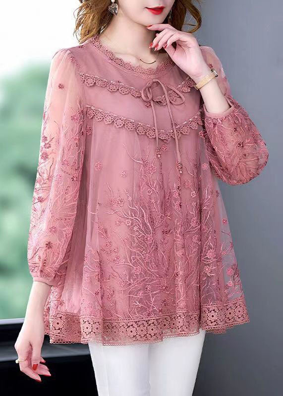 Organic Pink Embroidered Patchwork Tulle Tops Summer