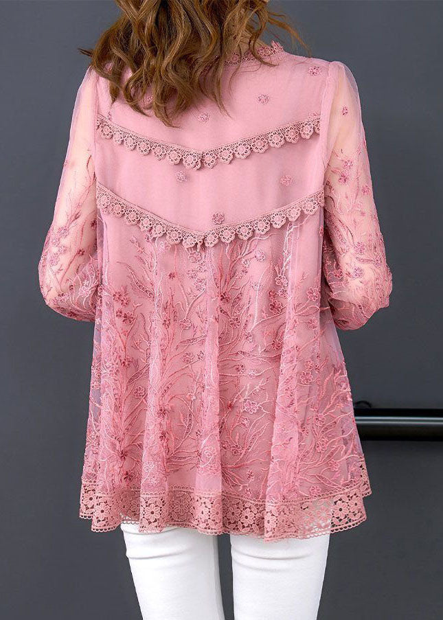 Organic Pink Embroidered Patchwork Tulle Tops Summer