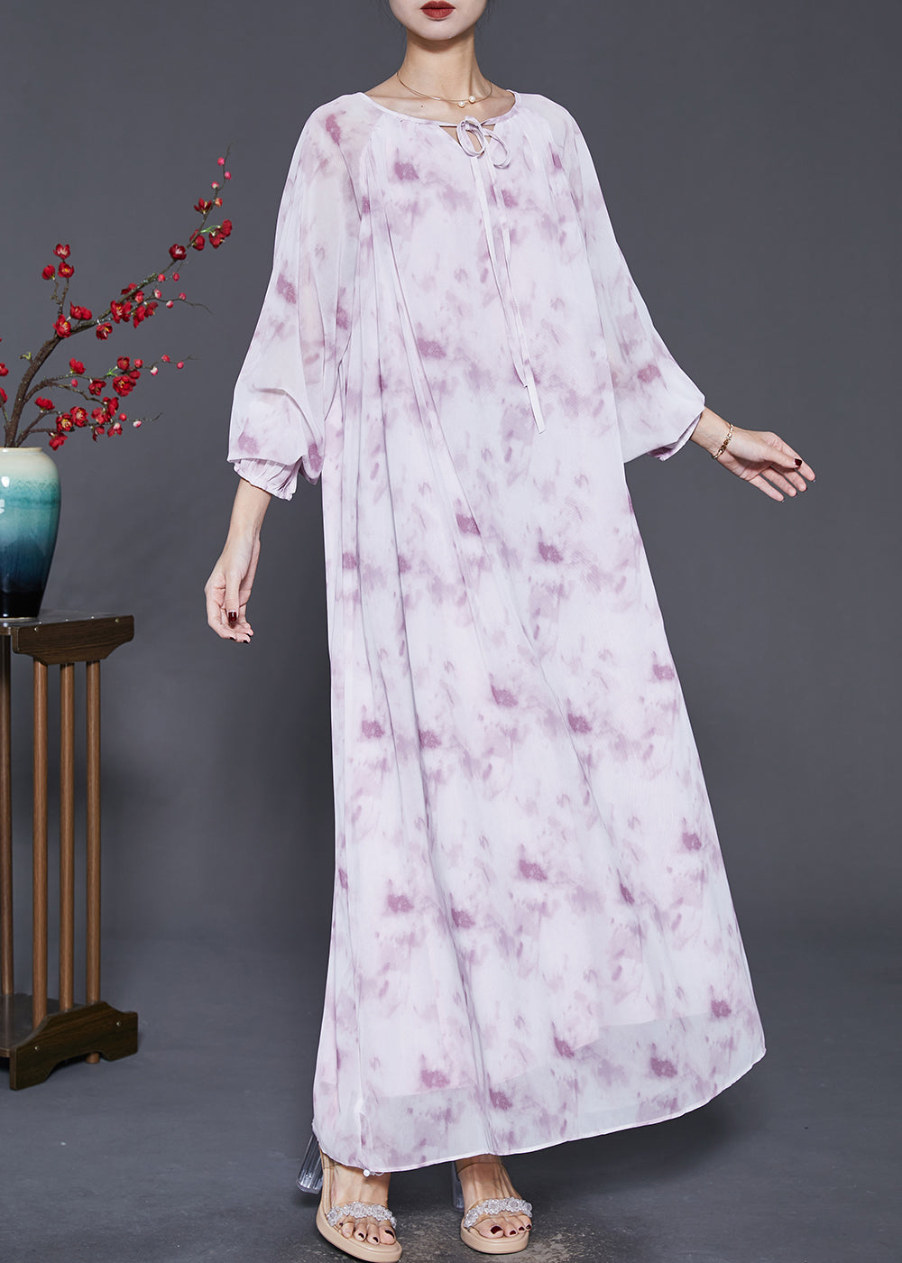 Organic Purple Oversized Tie Dye Chiffon Maxi Dresses Spring