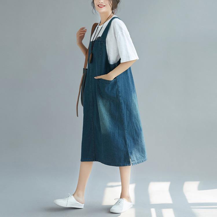 Organic denim blue Cotton dresses Casual Catwalk Spaghetti Strap Plus Size Dress - Omychic