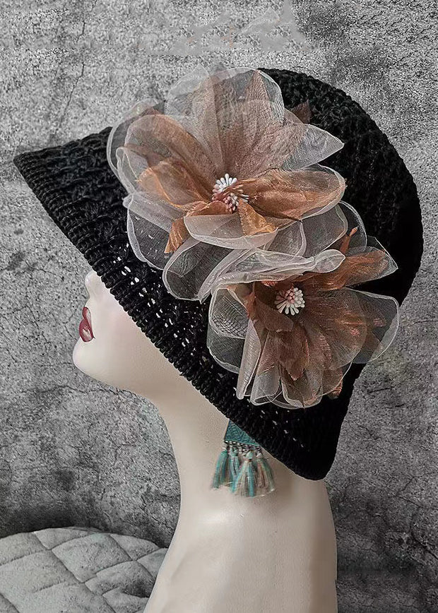 Original Design Black Blue Floral Hollow Out Bucket Hat