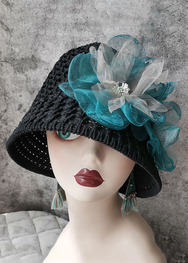 Original Design Black Blue Floral Hollow Out Bucket Hat