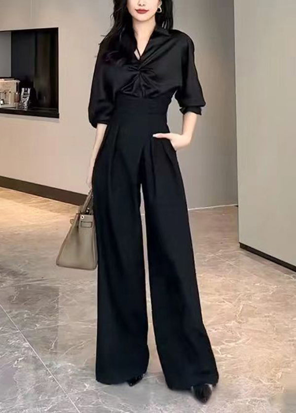 Black High Waist Button Split Wide Leg Pants