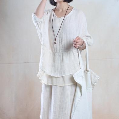 Oversize linen women summer top blouse silk patchwork shirt Beige - Omychic