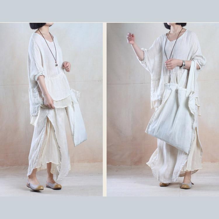 Oversize linen women summer top blouse silk patchwork shirt Beige - Omychic
