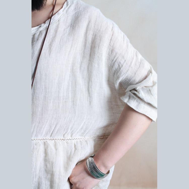 Oversize linen women summer top blouse silk patchwork shirt Beige - Omychic