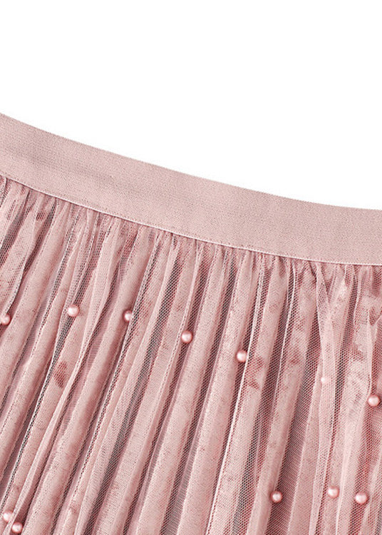 Pink Nail Bead High Waist Silk Velour Skirts