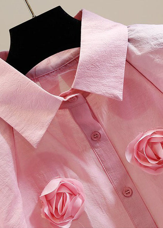 Pink Patchwork Tulle Blouses Peter Pan Collar Floral Decorated Summer