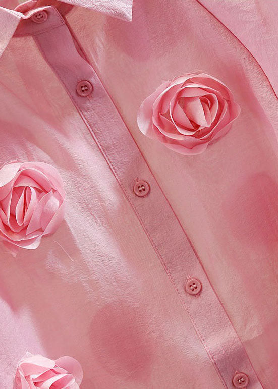 Pink Patchwork Tulle Blouses Peter Pan Collar Floral Decorated Summer