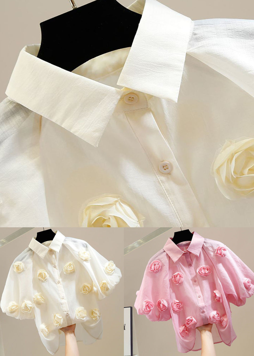 Pink Patchwork Tulle Blouses Peter Pan Collar Floral Decorated Summer