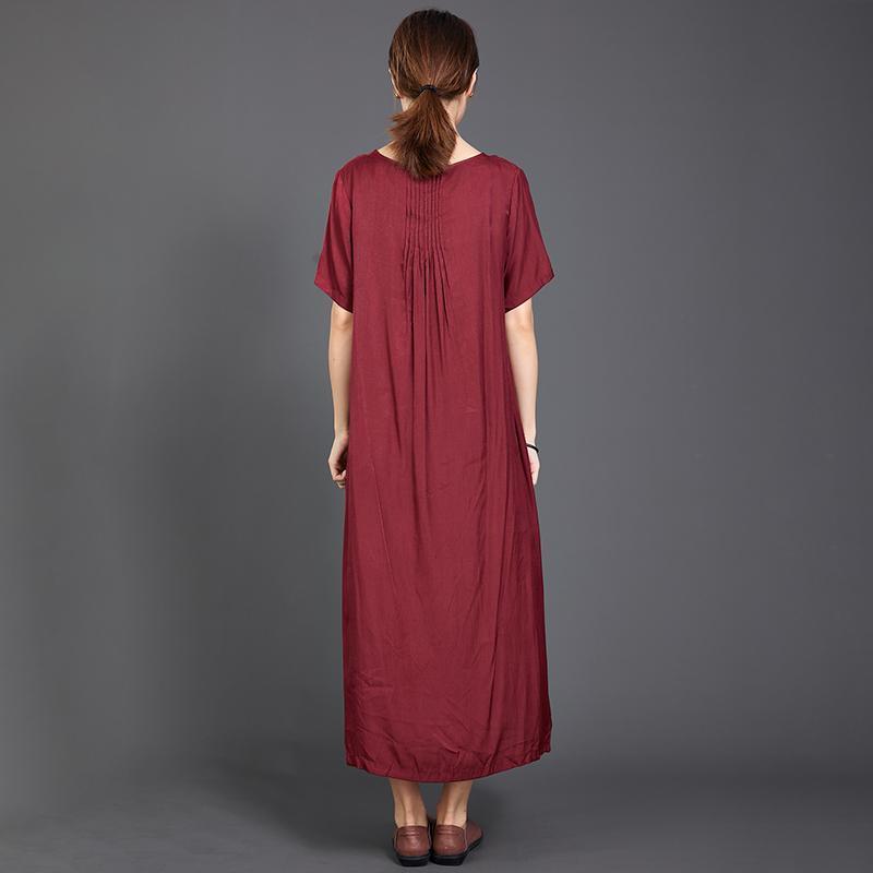 Pleated Solid Color Silky Red Dress - Omychic