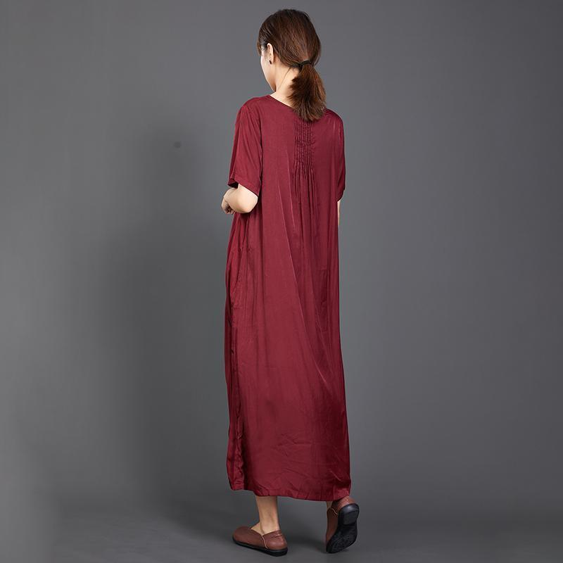 Pleated Solid Color Silky Red Dress - Omychic