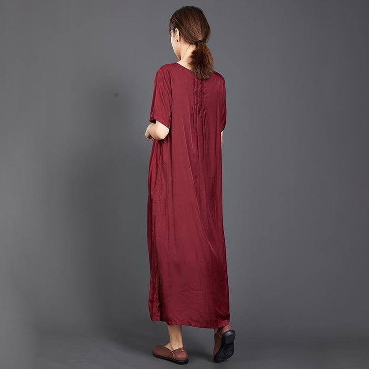 Pleated Solid Color Silky Red Dress - Omychic