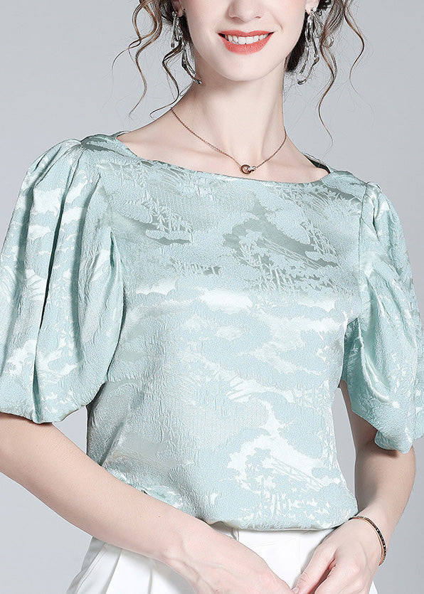 Plus Size Baby Blue O-Neck Jacquard Silk Top Puff Sleeve
