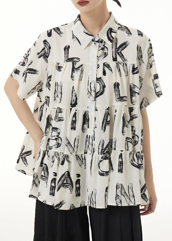 Plus Size Beige Peter Pan Collar Print Wrinkled Patchwork Silk Shirts Summer