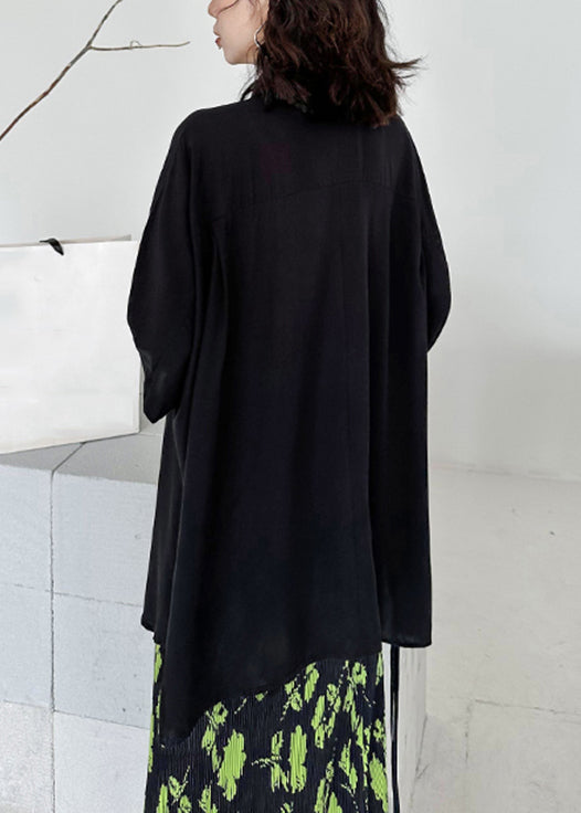 Plus Size Black Asymmetrical Lace Up Patchwork Cotton Shirt Batwing Sleeve