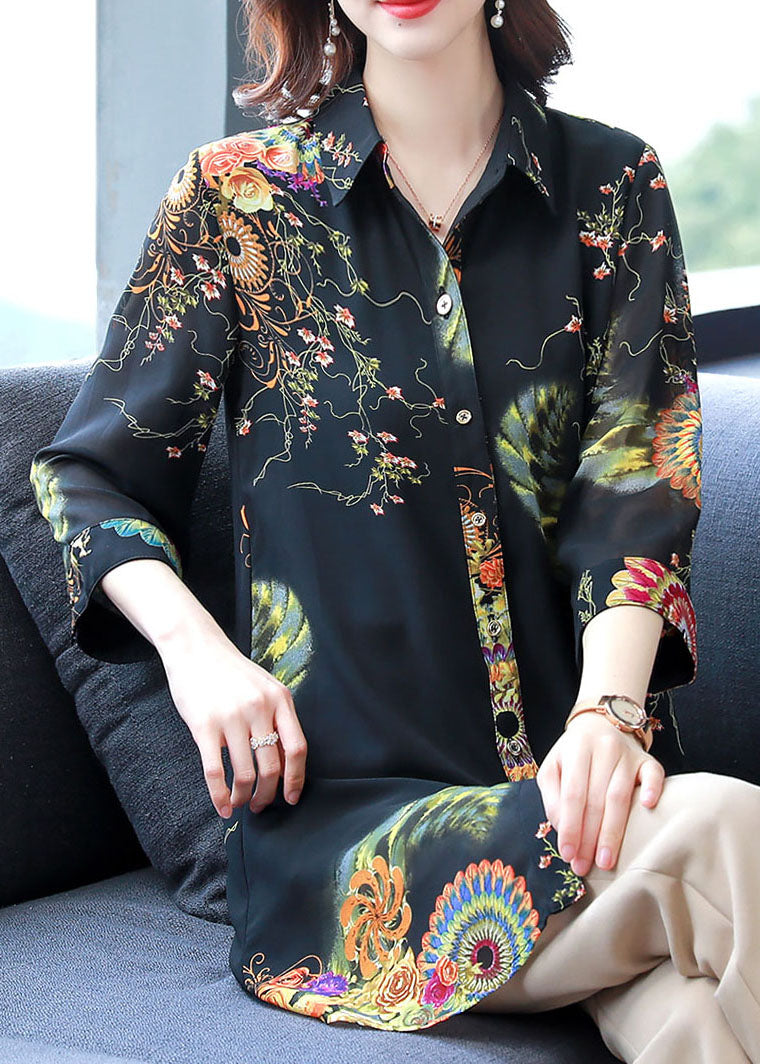 Plus Size Black Peter Pan Collar Print Button Chiffon Long Blouse