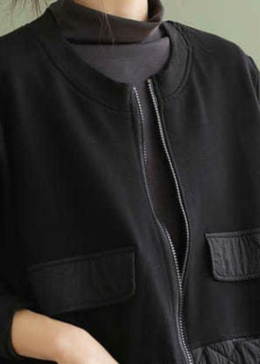 Plus Size Black Zip Up Patchwork Warm Fleece Jacket Spring